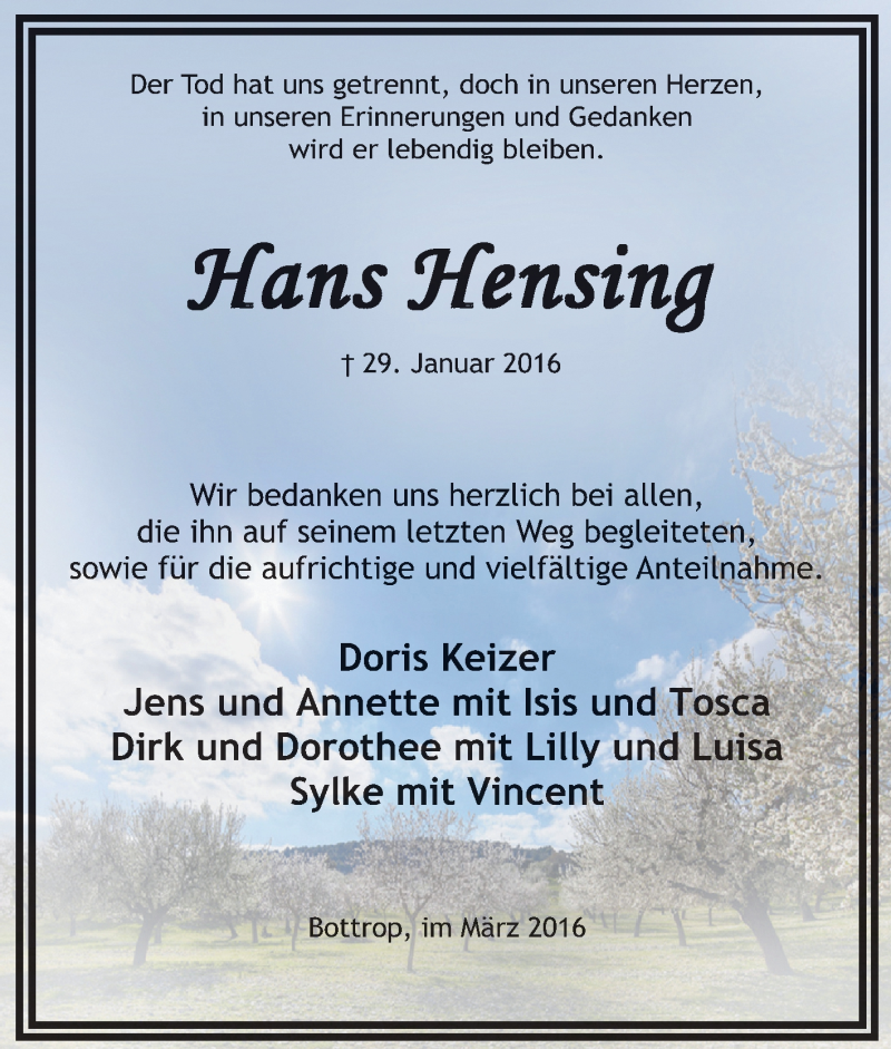  Traueranzeige für Hans Hensing vom 26.03.2016 aus Tageszeitung