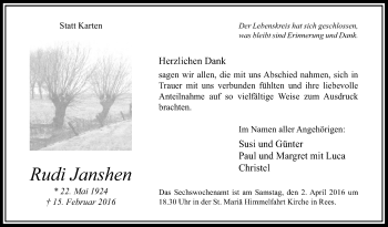 Traueranzeige von Rudi Janshen von Tageszeitung