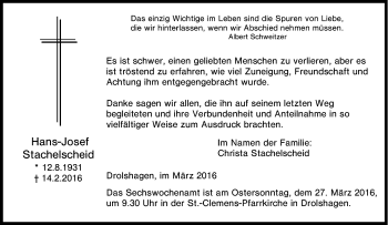 Traueranzeige von Hans-Josef Stachelscheid von Tageszeitung