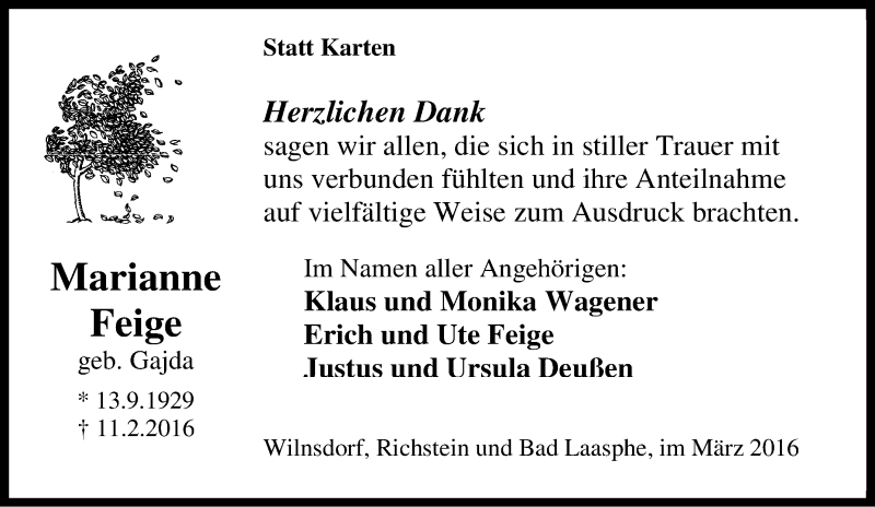 Traueranzeige für Marianne Feige vom 16.03.2016 aus Tageszeitung