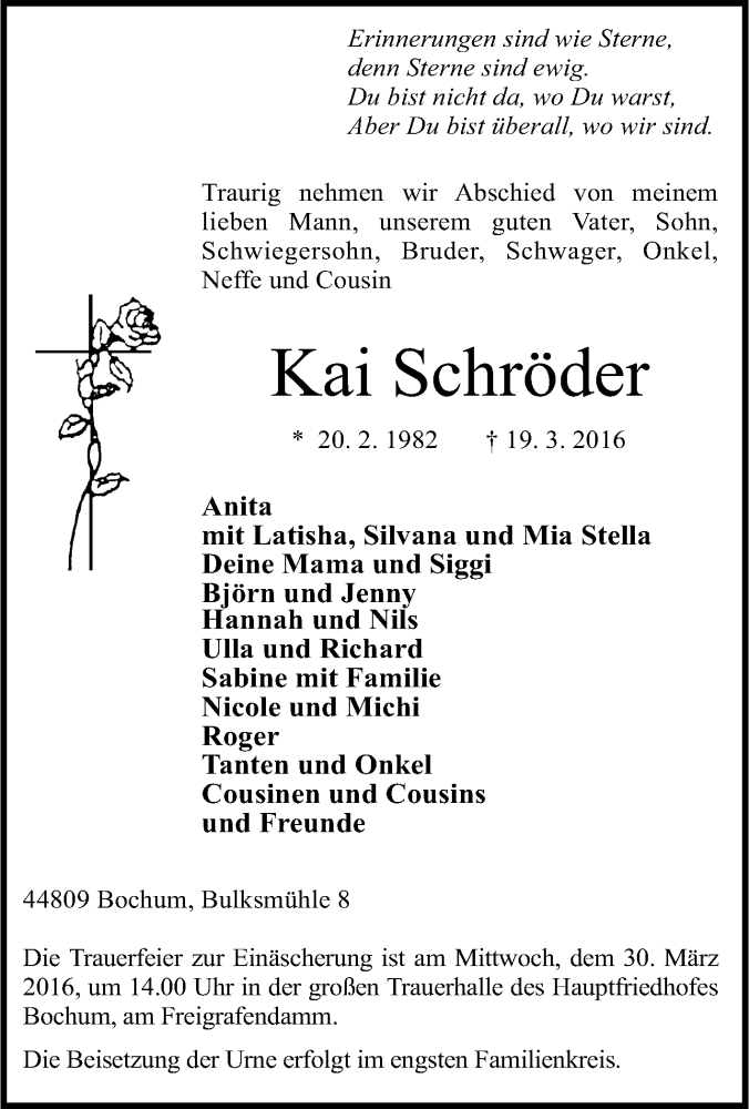  Traueranzeige für Kai Schröder vom 23.03.2016 aus Tageszeitung
