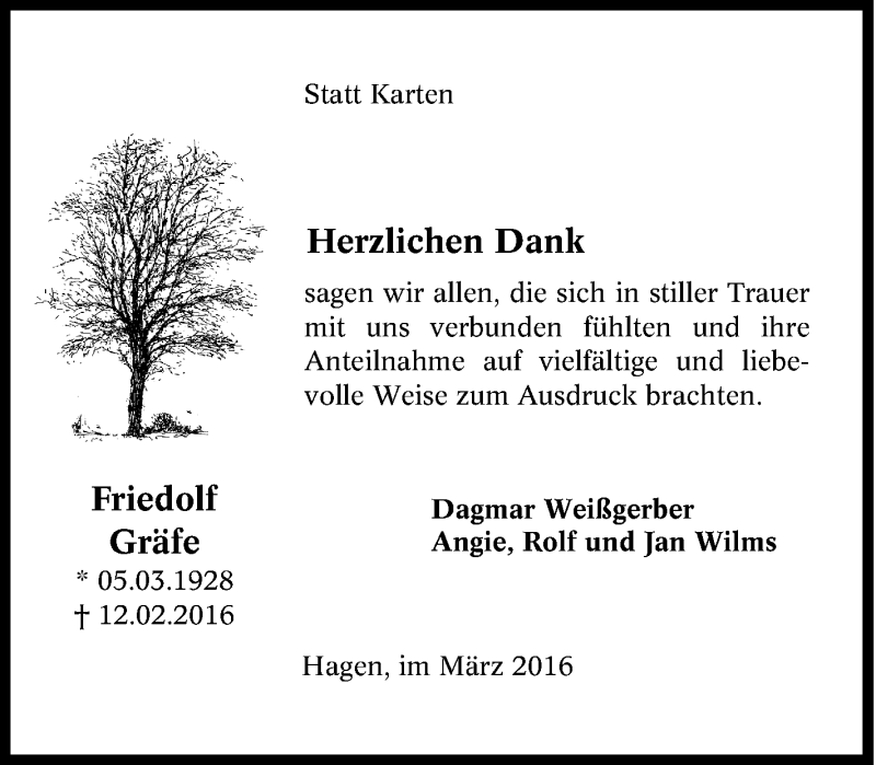  Traueranzeige für Friedolf Gräfe vom 05.03.2016 aus Tageszeitung