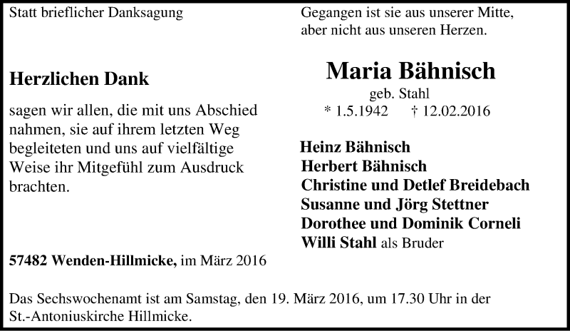  Traueranzeige für Maria Bähnisch vom 16.03.2016 aus Tageszeitung
