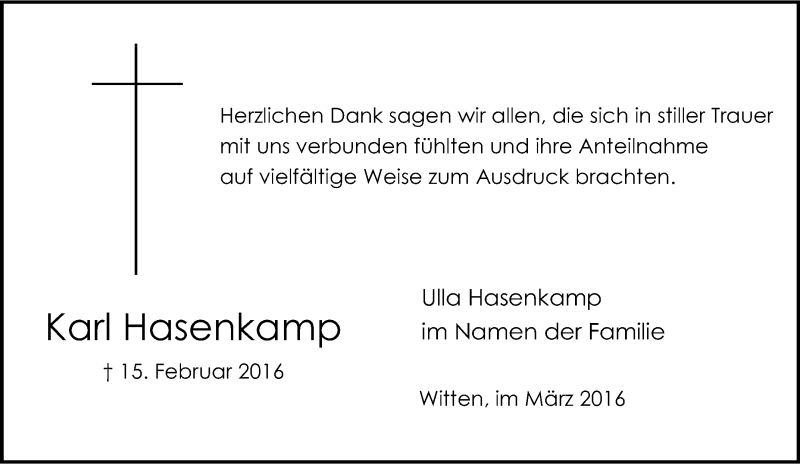  Traueranzeige für Karl Hasenkamp vom 19.03.2016 aus Tageszeitung