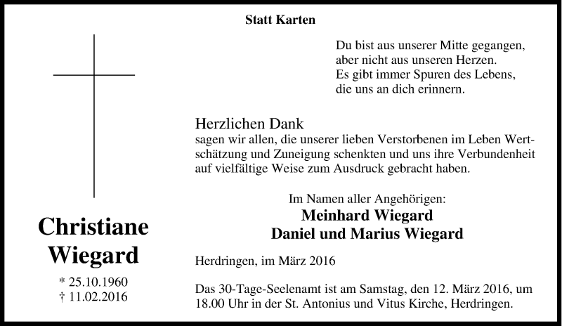  Traueranzeige für Christiane Wiegard vom 05.03.2016 aus Tageszeitung
