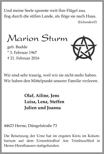 Traueranzeige von Marion Sturm von Tageszeitung