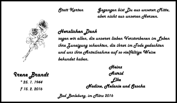 Traueranzeige von Irene Brandt von Tageszeitung