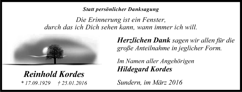  Traueranzeige für Reinhold Kordes vom 12.03.2016 aus Tageszeitung