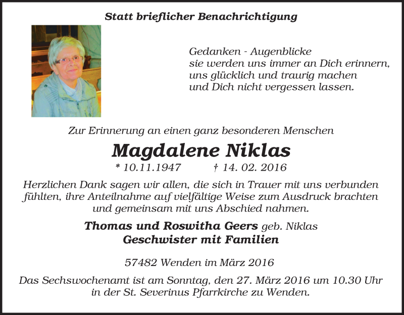 Traueranzeige für Magdalene Niklas vom 23.03.2016 aus Tageszeitung