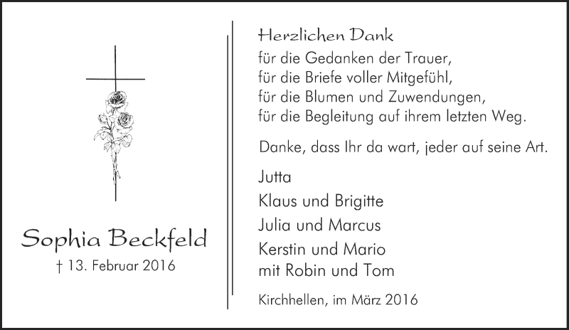  Traueranzeige für Sophia Beckfeld vom 12.03.2016 aus Tageszeitung