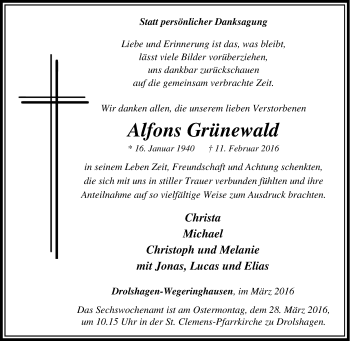 Traueranzeige von Alfons Grünewald von Tageszeitung