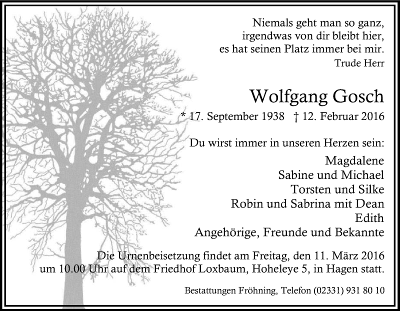  Traueranzeige für Wolfgang Gosch vom 05.03.2016 aus Tageszeitung