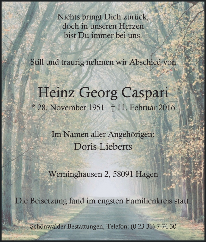  Traueranzeige für Heinz Georg Caspari vom 10.03.2016 aus Tageszeitung