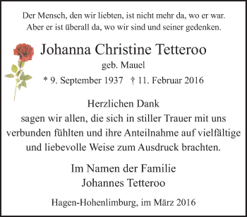 Traueranzeige von Johanna Christine Tetteroo von Tageszeitung