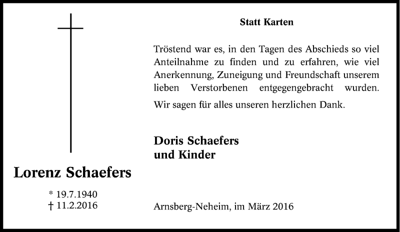  Traueranzeige für Lorenz Schaefers vom 12.03.2016 aus Tageszeitung