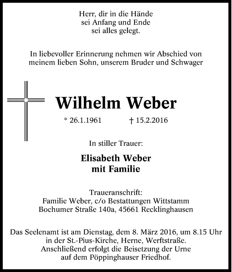  Traueranzeige für Wilhelm Weber vom 04.03.2016 aus Tageszeitung