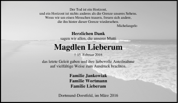 Traueranzeige von Magdlen Lieberum von Tageszeitung