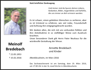 Traueranzeige von Meinolf Bredebach von Tageszeitung