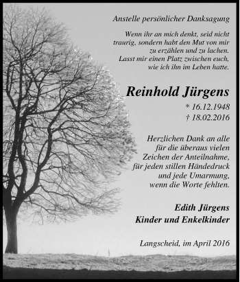 Traueranzeige von Reinhold Jürgens von Tageszeitung