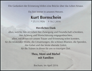 Traueranzeige von Kurt Bornschein von Tageszeitung