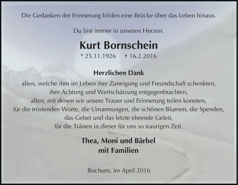  Traueranzeige für Kurt Bornschein vom 16.04.2016 aus Tageszeitung