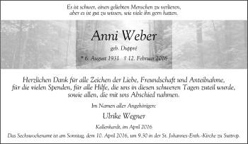 Traueranzeige von Anni Weber von Tageszeitung