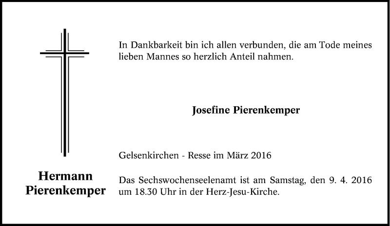  Traueranzeige für Hermann Pierenkemper vom 02.04.2016 aus Tageszeitung