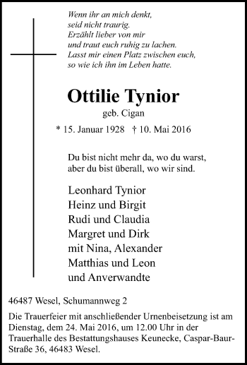 Traueranzeige von Ottilie Tynior von Tageszeitung