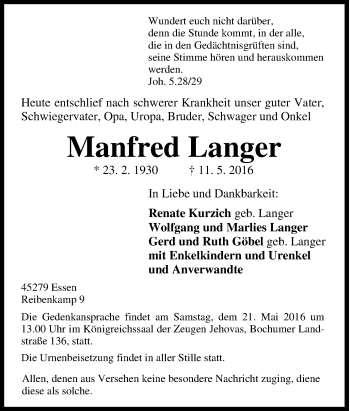 Traueranzeige von Manfred Langer von Tageszeitung