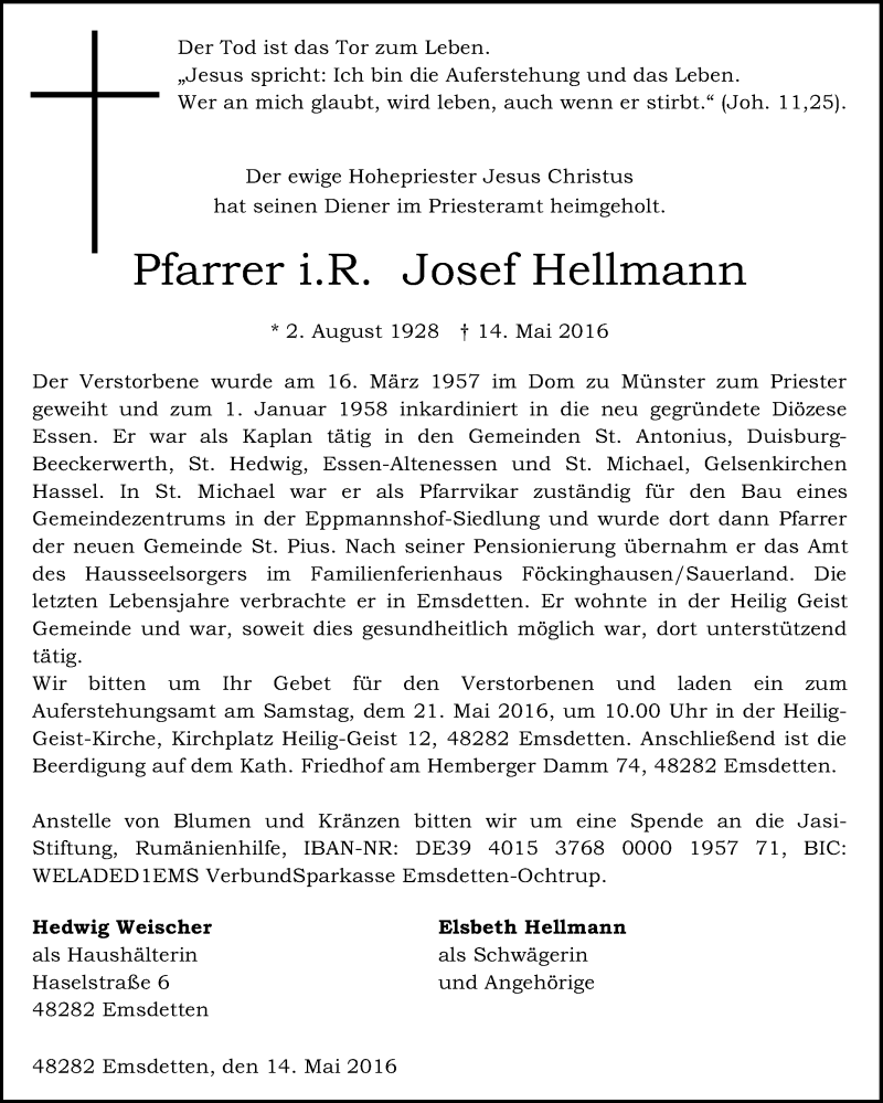  Traueranzeige für Josef Hellmann vom 18.05.2016 aus Tageszeitung