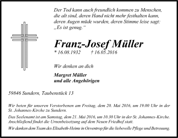 Traueranzeige von Franz-Josef Müller von Tageszeitung