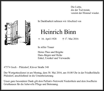 Traueranzeige von Heinrich Binn von Tageszeitung