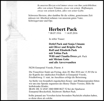 Traueranzeige von Herbert Pack von Tageszeitung