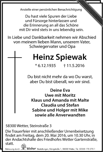 Traueranzeige von Heinz Spiewak von Tageszeitung