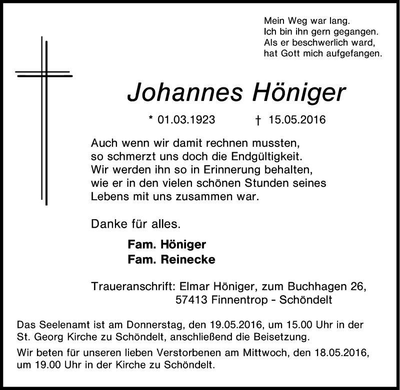  Traueranzeige für Johannes Höniger vom 17.05.2016 aus Tageszeitung