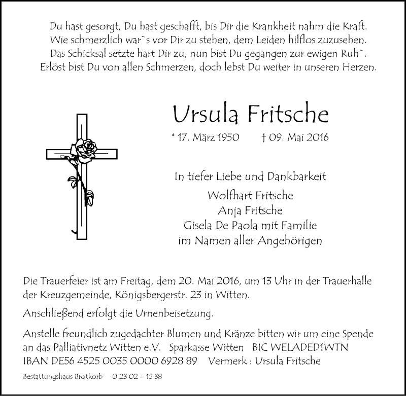  Traueranzeige für Ursula Fritsche vom 14.05.2016 aus Tageszeitung