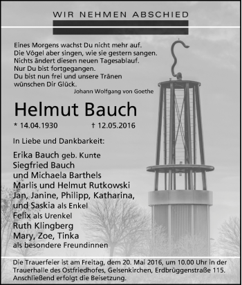 Traueranzeige von Helmut Bauch von Tageszeitung