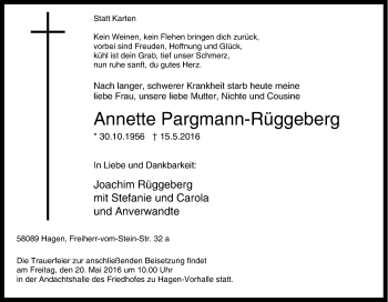 Traueranzeige von Annette Pargmann-Rüggeberg von Tageszeitung