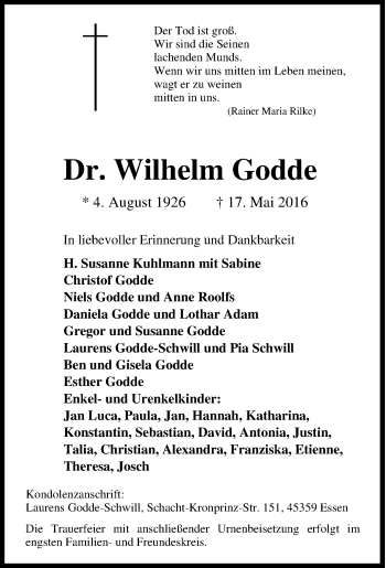 Traueranzeige von Wilhelm Godde von Tageszeitung