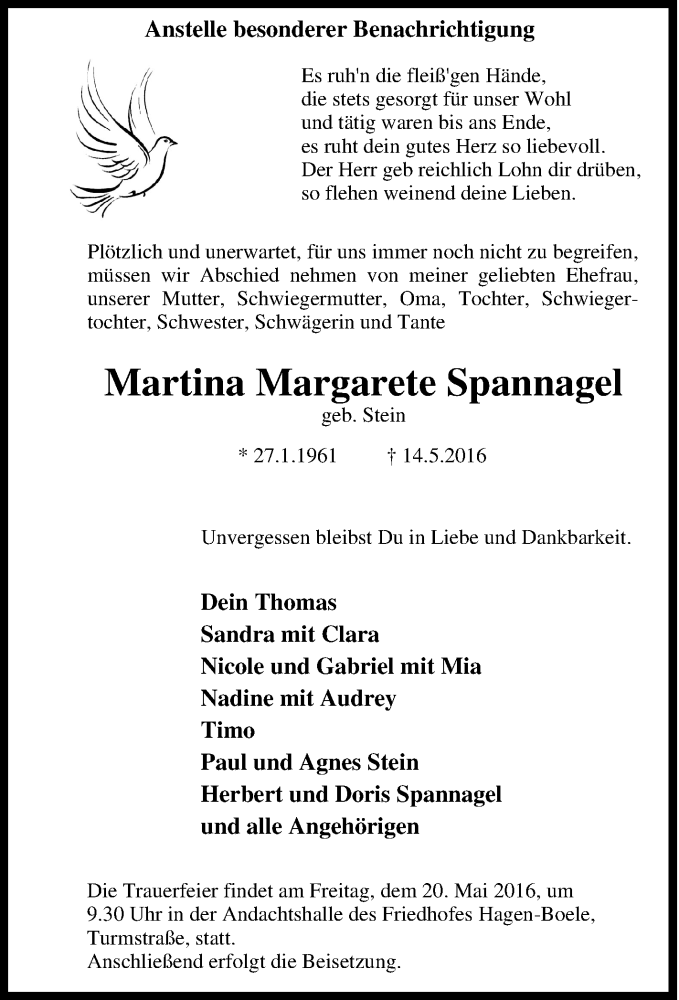  Traueranzeige für Martina Margarete Spannagel vom 17.05.2016 aus Tageszeitung