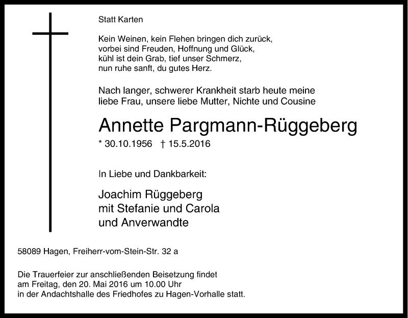  Traueranzeige für Annette Pargmann-Rüggeberg vom 18.05.2016 aus Tageszeitung