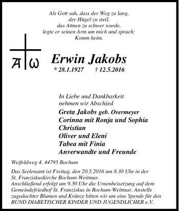 Traueranzeige von Erwin Jakobs von Tageszeitung