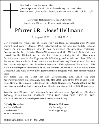 Traueranzeige von Josef Hellmann von Tageszeitung