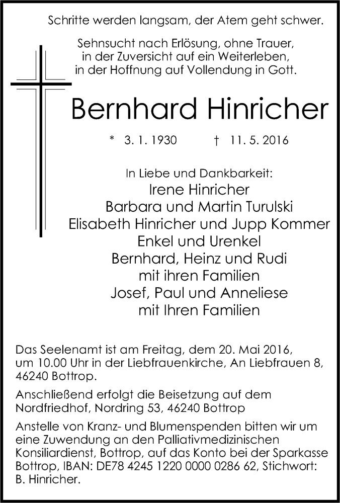  Traueranzeige für Benrhard Hinricher vom 14.05.2016 aus Tageszeitung