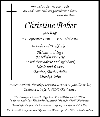Traueranzeige von Christine Bober von Tageszeitung