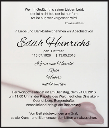 Traueranzeige von Edith Heinrichs von Tageszeitung