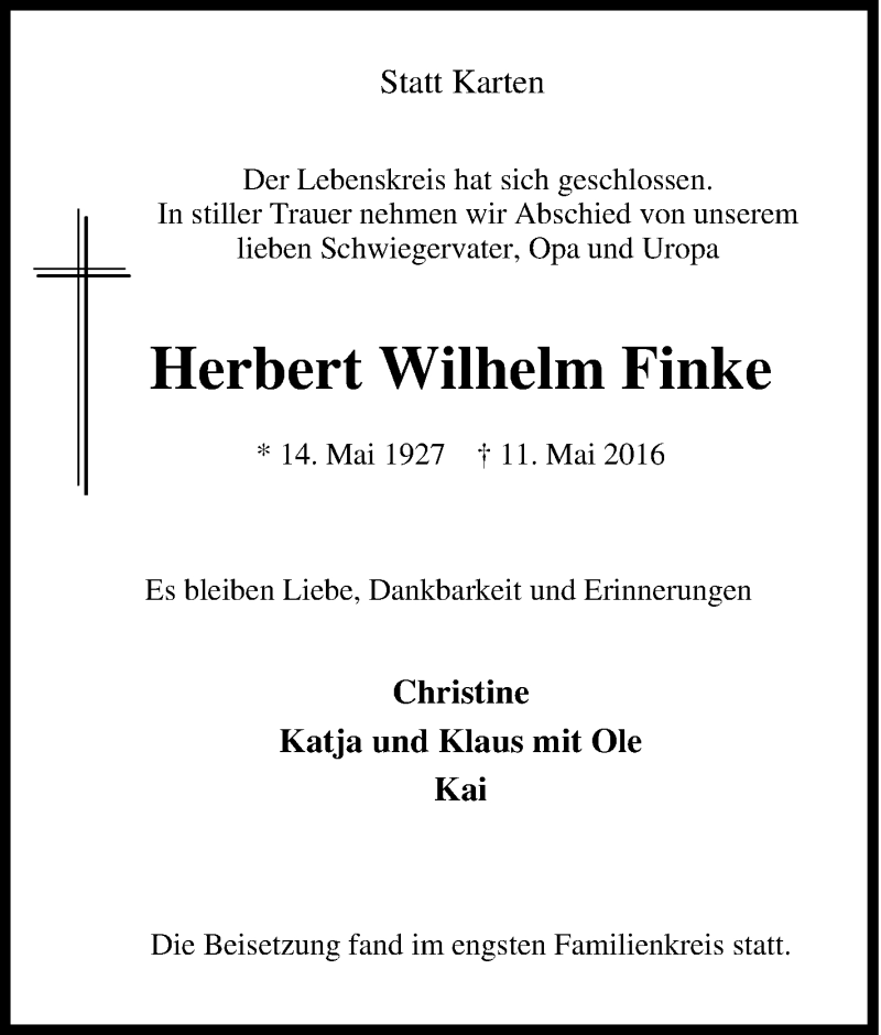  Traueranzeige für Herbert Wilhelm Finke vom 24.05.2016 aus Tageszeitung