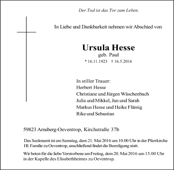 Traueranzeige von Ursula Hesse von Tageszeitung