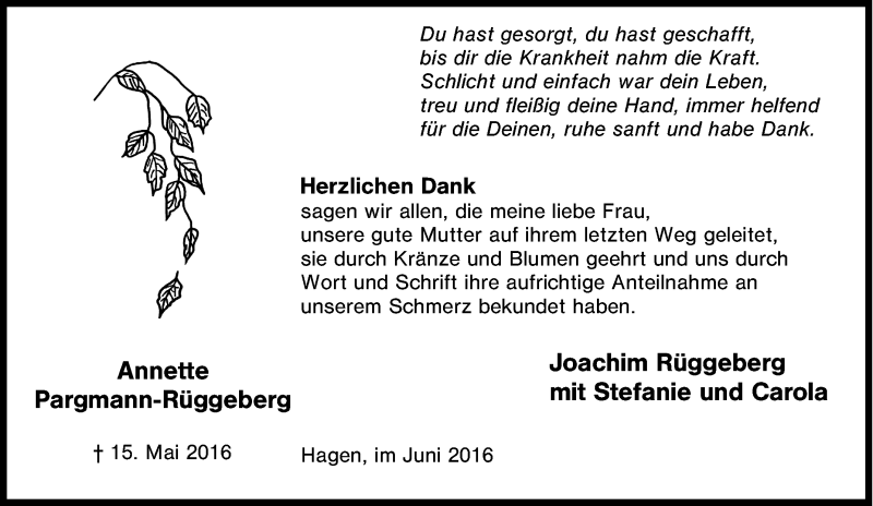  Traueranzeige für Annette Pargmann-Rüggeberg vom 18.06.2016 aus Tageszeitung