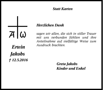 Traueranzeige von Erwin Jakobs von Tageszeitung